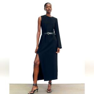 ZARA Asymmetrical Crepe one shoulder Midi Black Dress, XS